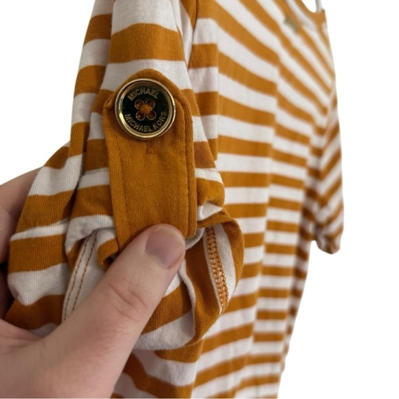 Michael Kors Womens Striped Roll Tab Sleeve Top Mustard White Size Large - Picture 3 of 5